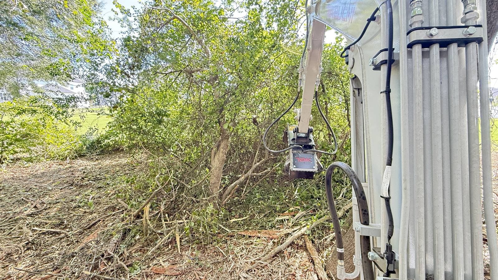 Forestry mulcher head grinding into a thicket of brush and small saplings, seen from the excavator cab